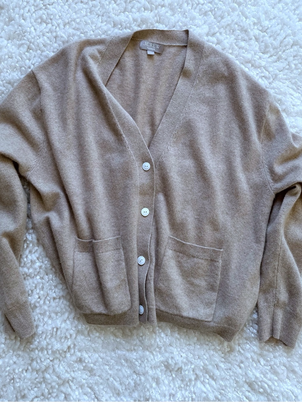 J.Crew Excellent 100% Cashmere Cardigan Women’s L – Soft Beige, Relaxed Fit